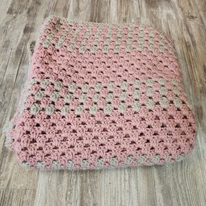 Handknit Pink/Gray Square Throw Blanket-54x54"